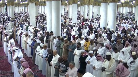 MADINAH, SAUDI ARABIA – September 2019: Muslim pilgrims visiting the beautiful Nabawi Mosque, the Prophet mosque which has great architecture during hajj  season