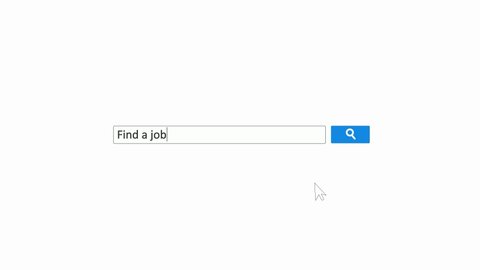 Phrase find a job texted in internet search engine line entry field on white background loop animated video. Clicking the search icon of mouse cursor. Searching a job online. Problem of unemployment.