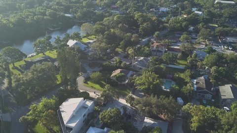 Bradenton / United States - 12 25 2018: Aerial Shot of Florida Neighborhood With Bayou