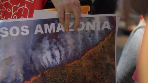Barcelona, Spain. Circa August 2019: SOS Amazonia Poster in a Demonstration against Brazil Government for the burnning of the Amazon Regio
