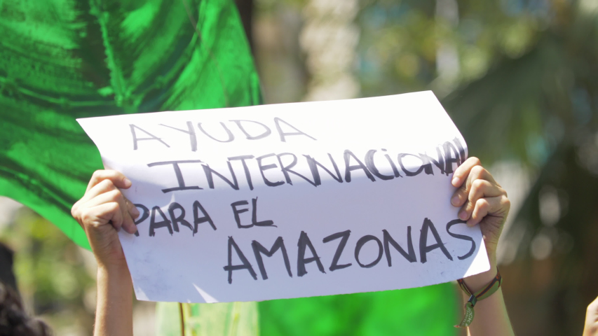 International Help for the Amazon Poster in Spanish language in a Demonstration Royalty-Free Stock Footage #1035732803