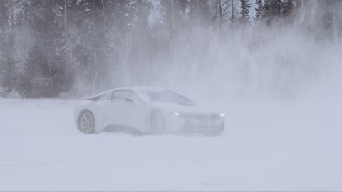 Vaasa / Finland - 06 26 2019: BMW i8 drifting on frozen Baltic Sea