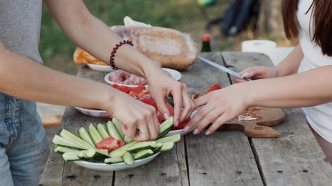 Two young women prepare a salad of tomatoes and cucumbers for a picnic in nature. Female hands cutting vegetables and sorting the dining table. Departure to the nature of a friendly company.の動画素材