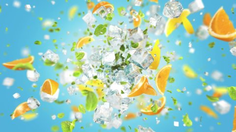 Exploding frosted ice cube with fruits and leafs in 4K. More IceCube footages in my collection.