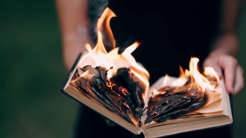 Old vintage book burns with fire in the hands of a woman in a dress Royalty-Free Stock Footage #1035754025