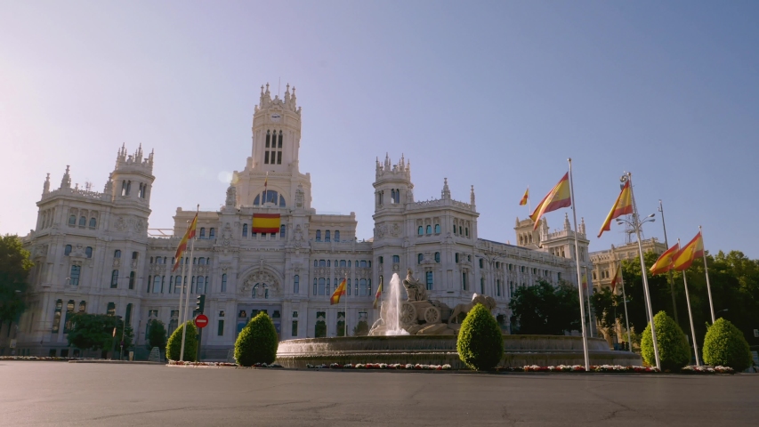 Cybele Palace or Palacio de Cibeles is a famous touristic governmental building with the fountain located at Alcala street downtown Madrid, Spain