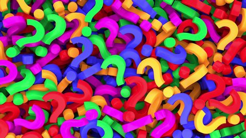 Falling colorful question marks and rotating exclamation mark on blue background. 3d rendering animation