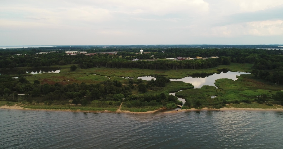 An aerial view of Terrapin Nature Park, an outdoor coastal area near the Chesapeake Bay Bridge on the Kent Island side of the Maryland shore.