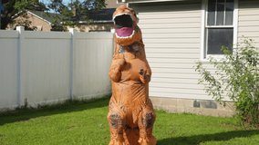 A man dressed in a funny blow-up dinosaur costume dances.  	