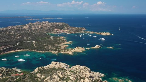 View from above, stunning aerial view of the Maddalena archipelago in Sardinia with beautiful bays of turquoise sea. Maddalena Arcipelago National Park, Sardinia, Italy.