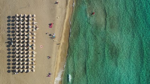 Aerial top view Falassarna beach in Crete, Greece, Falassarna beach is a very famous tourist destination in Crete, 4k aerial view beach. Famous Falasarna (also known as Falassarna or Phalasarna).