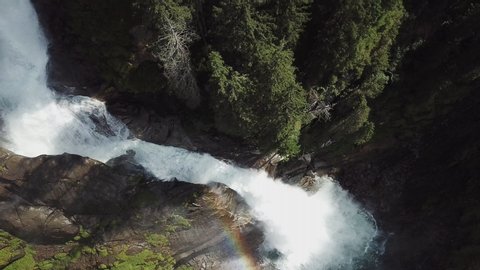 Top View at the Krimml Lower Waterfall. Drone Flight Above the Flow