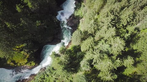 Top View at the Krimml Waterfall Cascades. Drone Flight Above the Flow