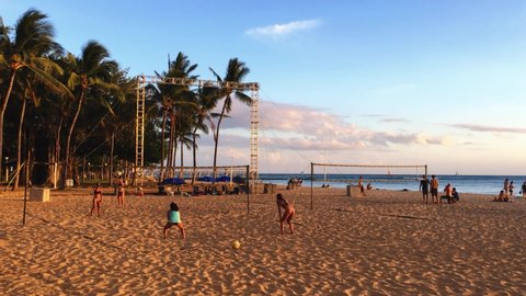 Honolulu, Oahu / Hawaii - 14. June 2019: Hawaiian Island, Pacific Ocean, North America, United States of America, Waikiki paradise, tourism, travel USA, dream vacation, holidays,beach volleyball, life