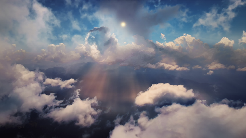 Flying through heavenly beautiful sunny cloudscape. Amazing timelapse of golden fluffy clouds moving softly on the sky and the sun shining above the clouds with beautiful rays and lens flare. Royalty-Free Stock Footage #1035816068