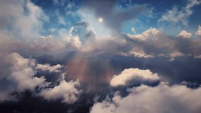 Flying through heavenly beautiful sunny cloudscape. Amazing timelapse of golden fluffy clouds moving softly on the sky and the sun shining above the clouds with beautiful rays and lens flare.