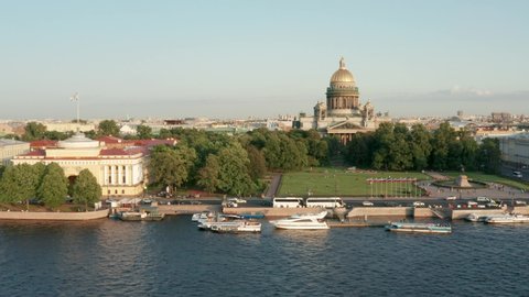 Flight over the Neva River near Saint Isaac's Cathedral, the city center of St. Petersburg, Russia