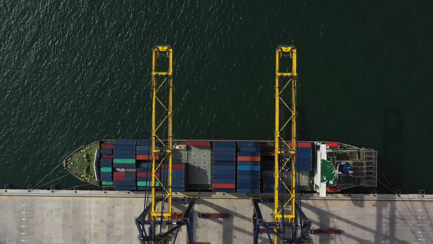 Aerial view sea port Container cargo loading ship in import export business logistic. Freight transportation. shipping business logistic. Trade Port and Shipping cargo to harbor.