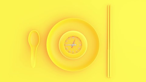 Yellow clock in bowl with spoon and chopsticks yellow background, Minimal and Break time idea concept. The beginning of time 12.45 run fast to 01.00. Timelapse moving fast, 3D Render.