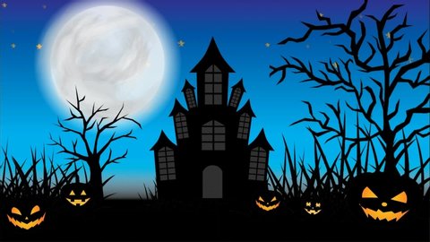 Halloween animation scary night of halloween. Looping halloween animation with grass and trees moving right and left, flying bats, scary pumpkin, haunted castle, shining stars, moon, and flying ghosts