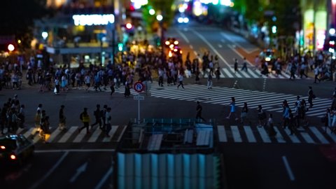 A timelapse of the scramble crossing at the neon town tilt shift zoom. Shibuya district Tokyo / Japan - 08.08.2019