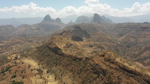 Panoramic drone flight of beautiful Simien mountains, landmark destination in Ethiopia
