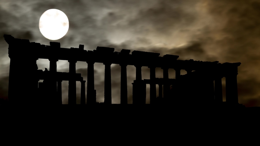 Parthenon: Ruins of Ancient Temple of Athena on the Acropolis in Athens, Time Lapse by Night with Full Moon, Greece, Europe Royalty-Free Stock Footage #1035846890