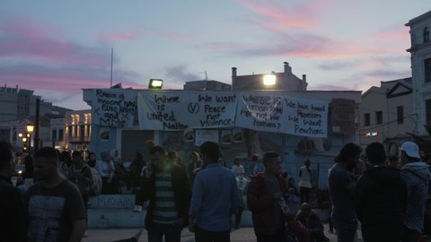 Mytilene / Greece - 04 22 2018: Refugees in Sappho square demonstration after man dies with Moria Refugee camp