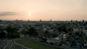 4k aerial drone footage - City of Maebashi at sunrise.  Gunma Prefecture, Japan