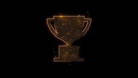 Trophy Win Cup Icon Sparks Glitter Particles on Black Background. Shape, Design, Text, Element, Symbol Alpha Channel 4K Loop.