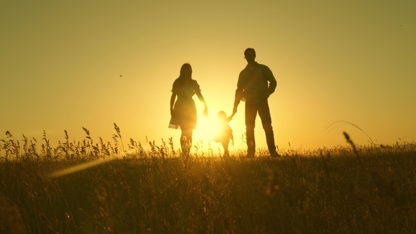 little daughter jumping holding hands of dad and mom in park on background of sun. Family concept. child plays with dad and mom on field in sunset light. Walking with small kid in nature. Royalty-Free Stock Footage #1035882074