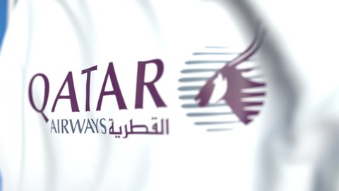 Waving Flag Qatar Airways Logo Closeup Stock Footage Video (100% ...