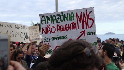 RIO DE JANEIRO, AUGUST 25, 2019:  Manifestation in favor of the Amazon Rainforest and against the government of President Jair Bolsonaro at Ipanema beach, Rio de Janeiro.