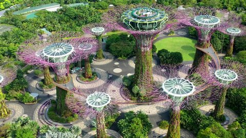Singapore - 05 02 2019:  Aerial, tracking, drone shot panning around the Gardens by the bay, on a sunny day, at Downtown Core, Kallang, Marina South