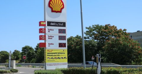 Nesebar, Bulgaria - August 9, 2019: Shell Gas Station Sign Showing Gasoline Prices, The Price (Bulgarian Lev) Of Petrol In Nesebar In August 2019 In South Of Bulgaria, Burgas Province, Europe - 4K