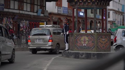 Thimphu / Bhutan - 05 14 2019: Traffic Police controlling traffic