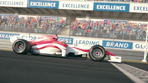 Side view of a generic formula one race car driving across the finish line in slow motion - realistic high quality 3d animation - my own car design
