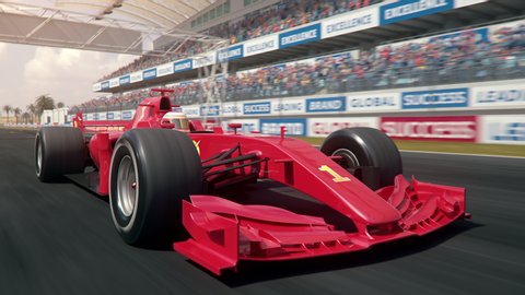 Generic formula one race car driving along the homestretch over the finish line - semi front view camera - realistic high quality 3d animation
