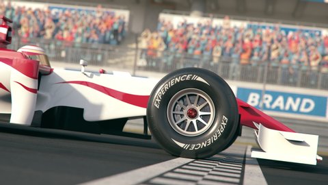 Side view of a generic formula one race car driving across the finish line in slow motion - close-up front wheel - realistic high quality 3d animation
