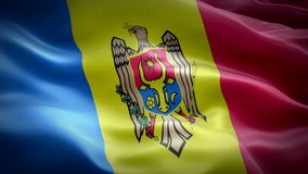 Moldovan flag Closeup 1080p Full HD 1920X1080 footage video waving in wind. National 3d Moldovan flag waving. Sign of Moldova seamless loop animation. Moldovan flag HD resolution Background 1080p
