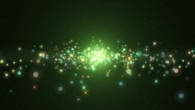 Space green background with stars. Background green movement. Universe green dust with stars on black background. Abstract motion background shining gold particles and stars sparks. Seamless loop. 4k
