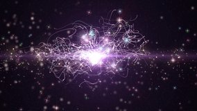 Space pink background with particles. Space pink dust with stars on black background with twisty, lines. Sunlight of beams and gloss of particles galaxies. VJ Seamless loop. 4k