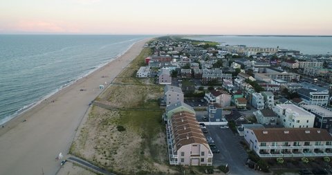 Lewes, Delaware / USA - Aug. 19, 2019: An aerial view of the famous Dewey Beach near Rehoboth, a popular tourist destination in the summer for people looking for coastal activities, such as swimming.