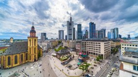 Frankfurt skyline aerial view time lapse video, in front of most popular square in city centre The Hauptwache (English: 