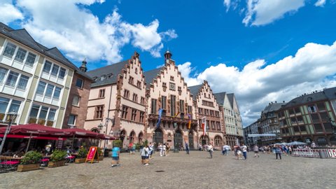 Beautiful view of The Römer Frankfurt's City hall square time lapse, People walking in front of, hyperlpase video in city centre old town in Frankfurt main germany. FRankfurt skyline.