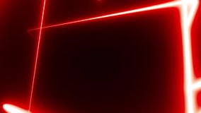 Neon triangle tunnel abstract motion background. Triangle composed of colorful red lines and camera moving through it on black background. 3D rendering 4k video.