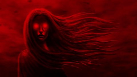 Magic girl in front. Flowing hair 2D animation in horror fantasy genre. Creepy Halloween backdrop. Scary animated short film. Gloomy ghost in haze. Black and red background. Spooky female pewrson.
