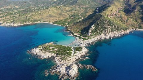 Cost of Sardinia: Peninsula of Punta Molentis. View of beautiful beach at Punta Molentis, Villasimius, Sardinia, Italy. Beautiful bay with sandy beach at Punta Molentis, Sardinia island, Italy.