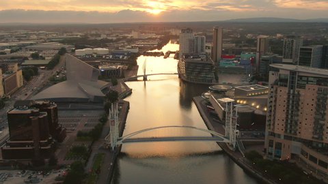 Manchester england 01/08/2019:salford quays media city uk aerial view at sunset
