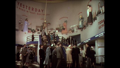 1930s: World's Fair, busy Westinghouse building, crowd mills. "Yesterday, a world without electricity." Large pendulum swings.
